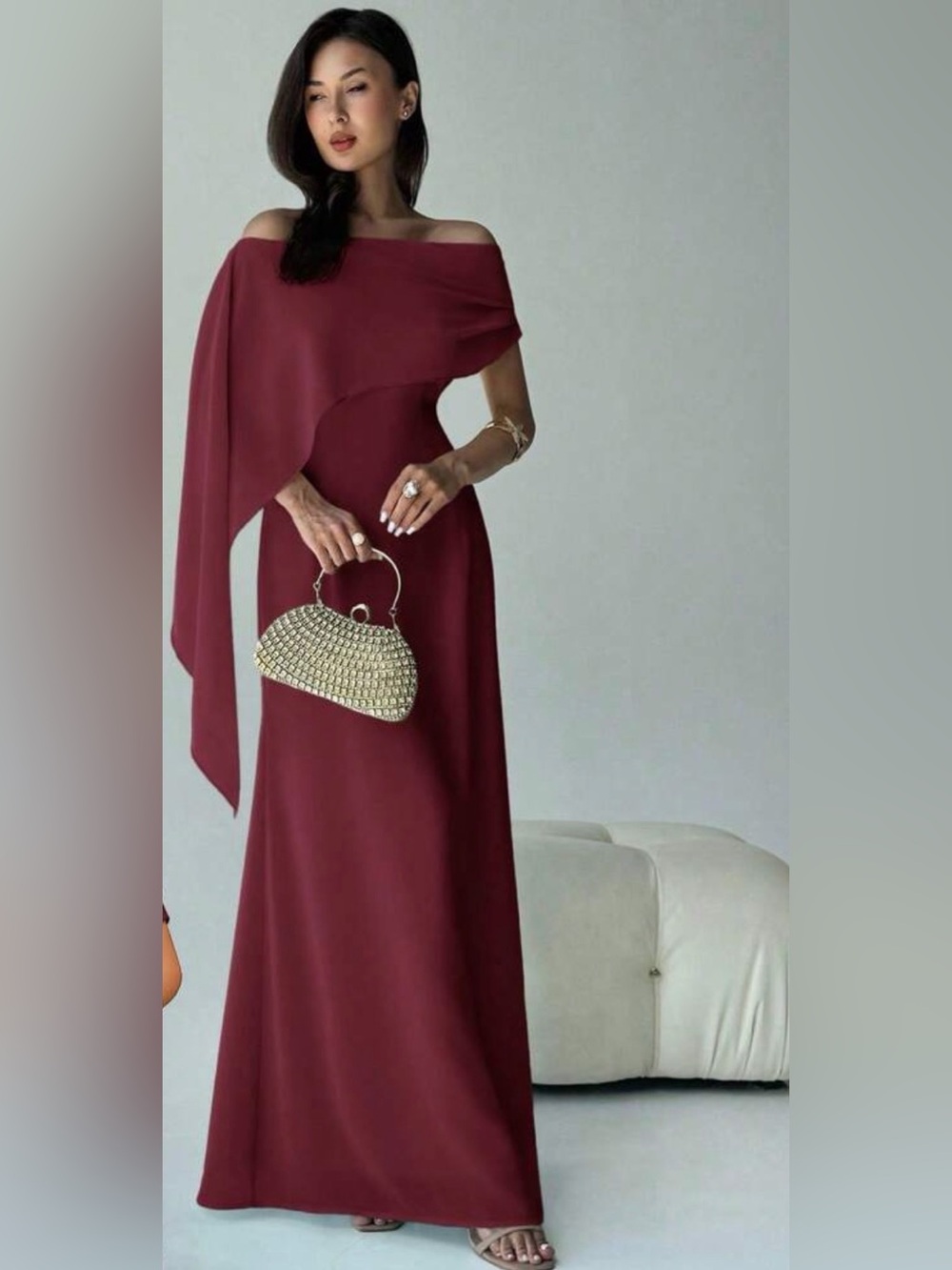Elegant Off-Shoulder Burgundy Evening Gown